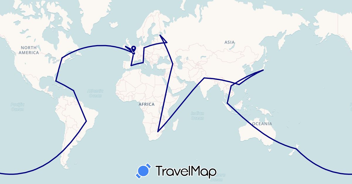 TravelMap itinerary: driving in Armenia, Australia, Brazil, Canada, Germany, Spain, France, United Kingdom, Guadeloupe, Hong Kong, Ireland, India, Italy, Japan, Malaysia, New Zealand, Russia, United States, Vietnam, South Africa (Africa, Asia, Europe, North America, Oceania, South America)